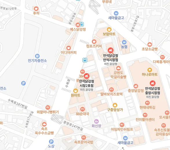 네이버지도에 표시된 만석닭강정 중앙시장 1호점, 2호점, 3호점 위치